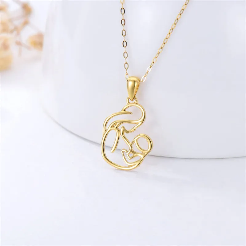 14K Real Yellow Gold Mother and Child Pendant Necklaces for Women,Anniversary Birthday Jewelry for Grandmother Daughter Wife 16''-18''