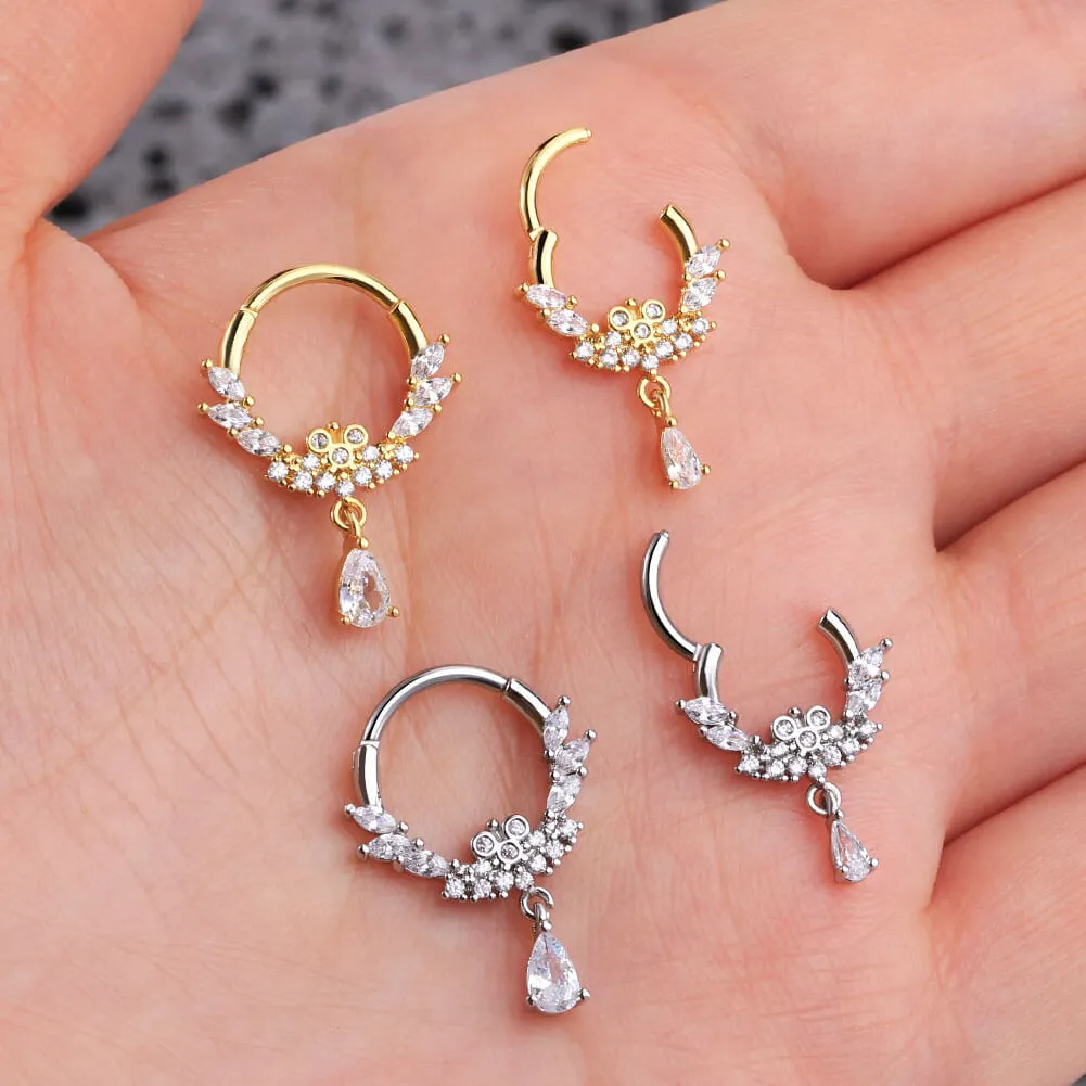 16G Luxurious CZ Dangle Hinged Segment Septum Ring Helix Earrings