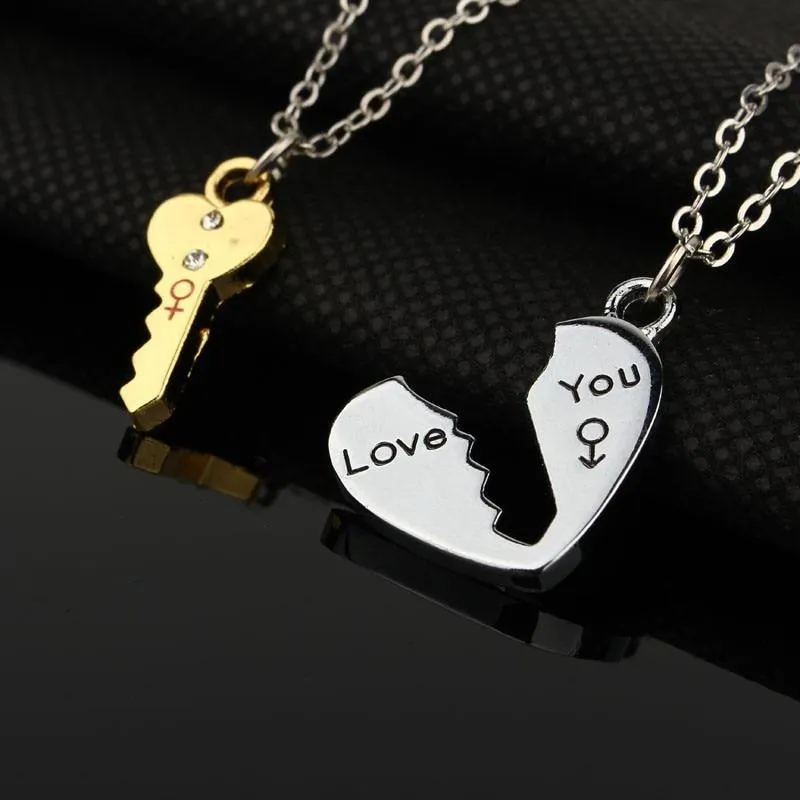 2 Pcs European Broken Heart Silver Plated Key Pendant Necklaces Jewelry