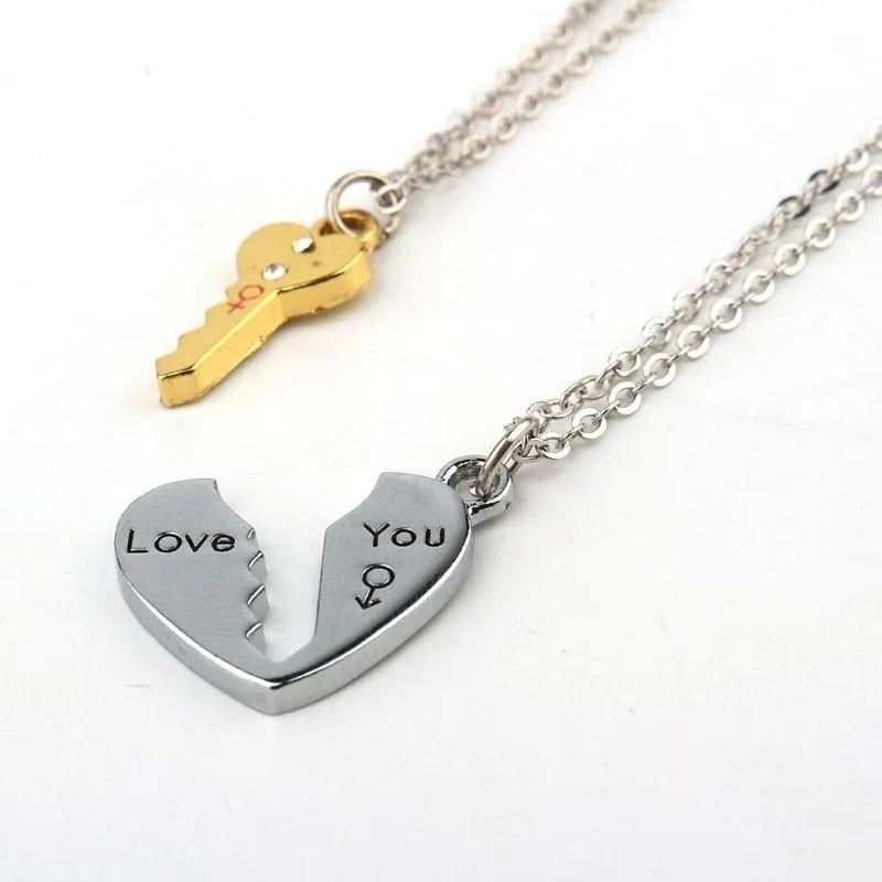 2 Pcs European Broken Heart Silver Plated Key Pendant Necklaces Jewelry