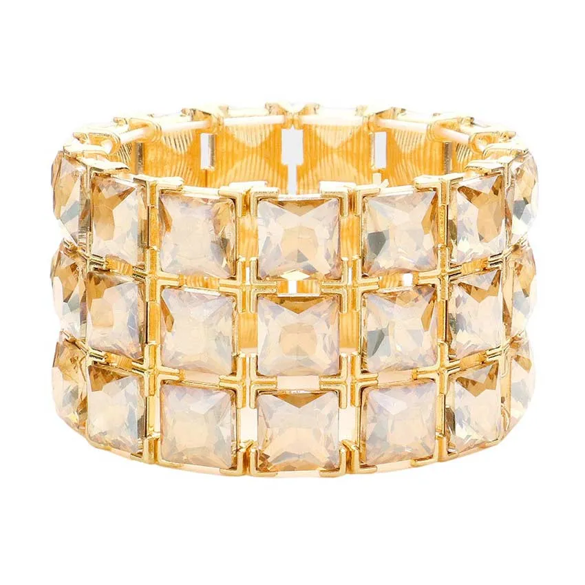 3Rows Square Stone Stretch Evening Bracelet