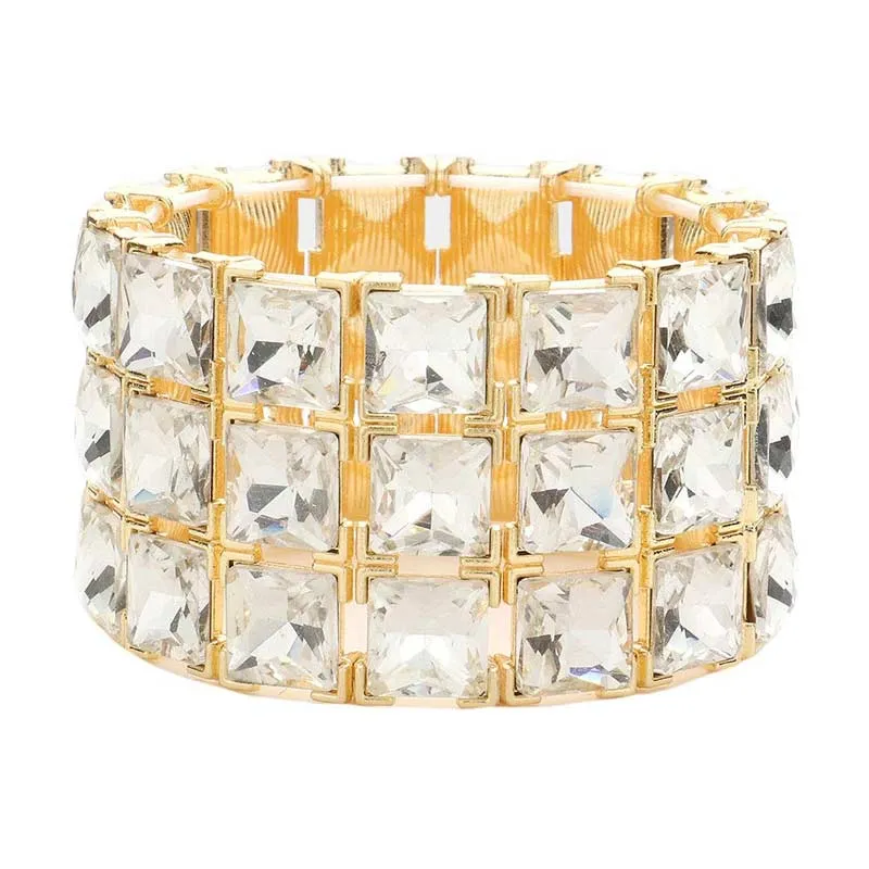 3Rows Square Stone Stretch Evening Bracelet