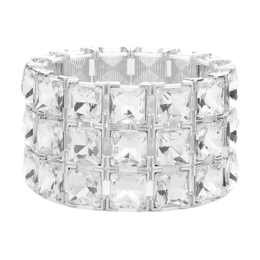 3Rows Square Stone Stretch Evening Bracelet