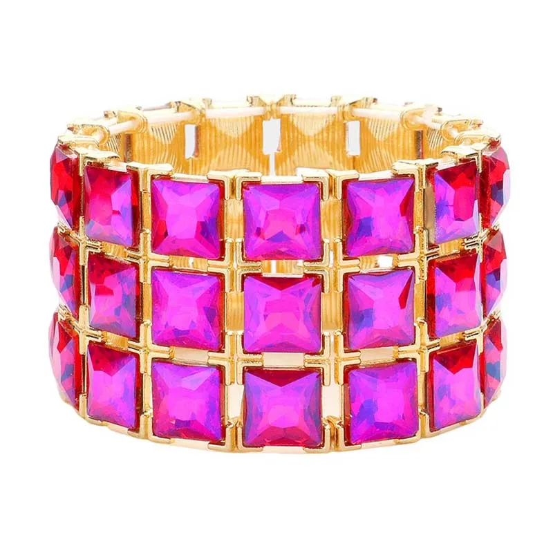 3Rows Square Stone Stretch Evening Bracelet