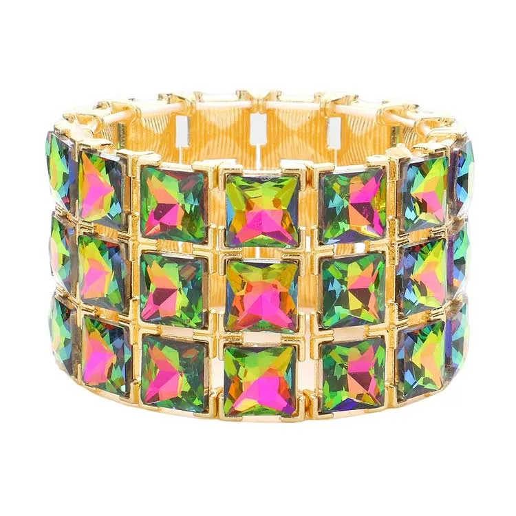 3Rows Square Stone Stretch Evening Bracelet