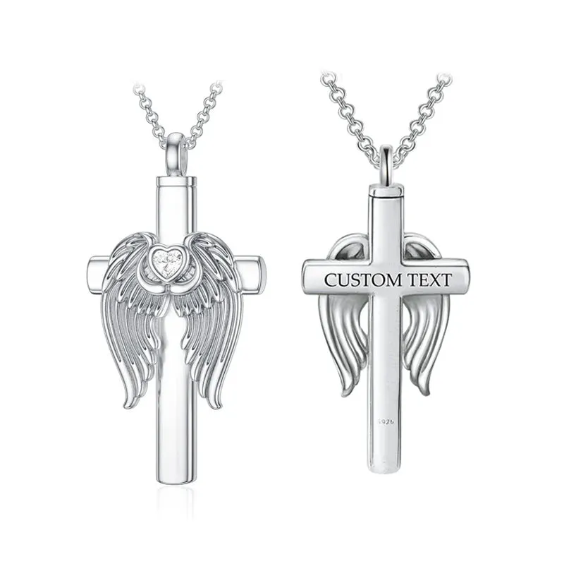 925 Sterling Silver Wing Cross Cremation Urn Necklaces Birthstone Custom Personalized Memorial Keepsake Cross Jewelry