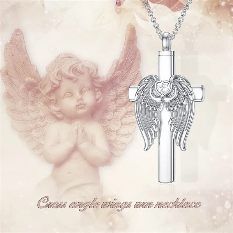 925 Sterling Silver Wing Cross Cremation Urn Necklaces Birthstone Custom Personalized Memorial Keepsake Cross Jewelry