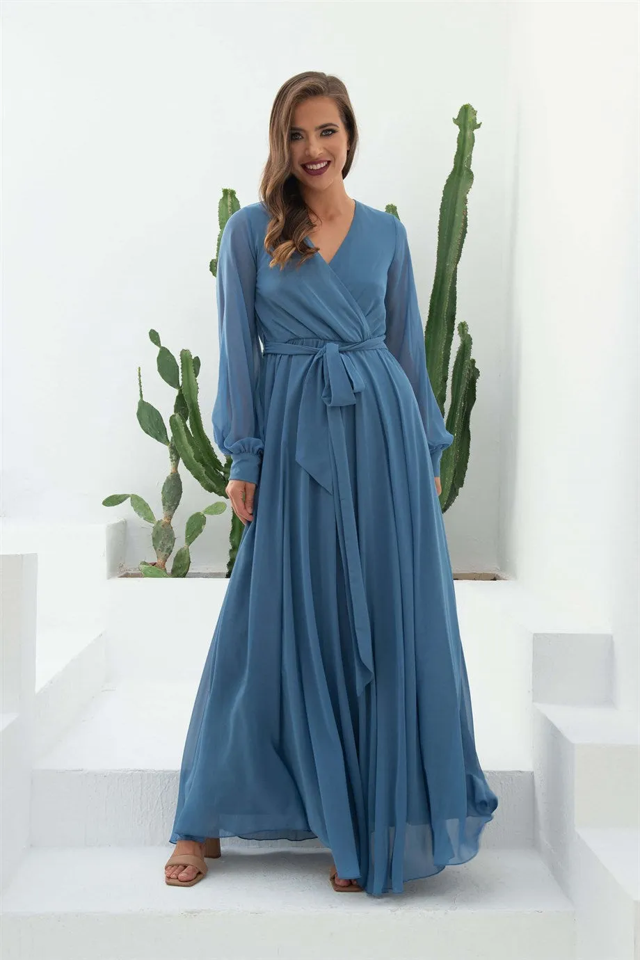 Angelino Indigo Chiffon Cruve Long Evening Dress