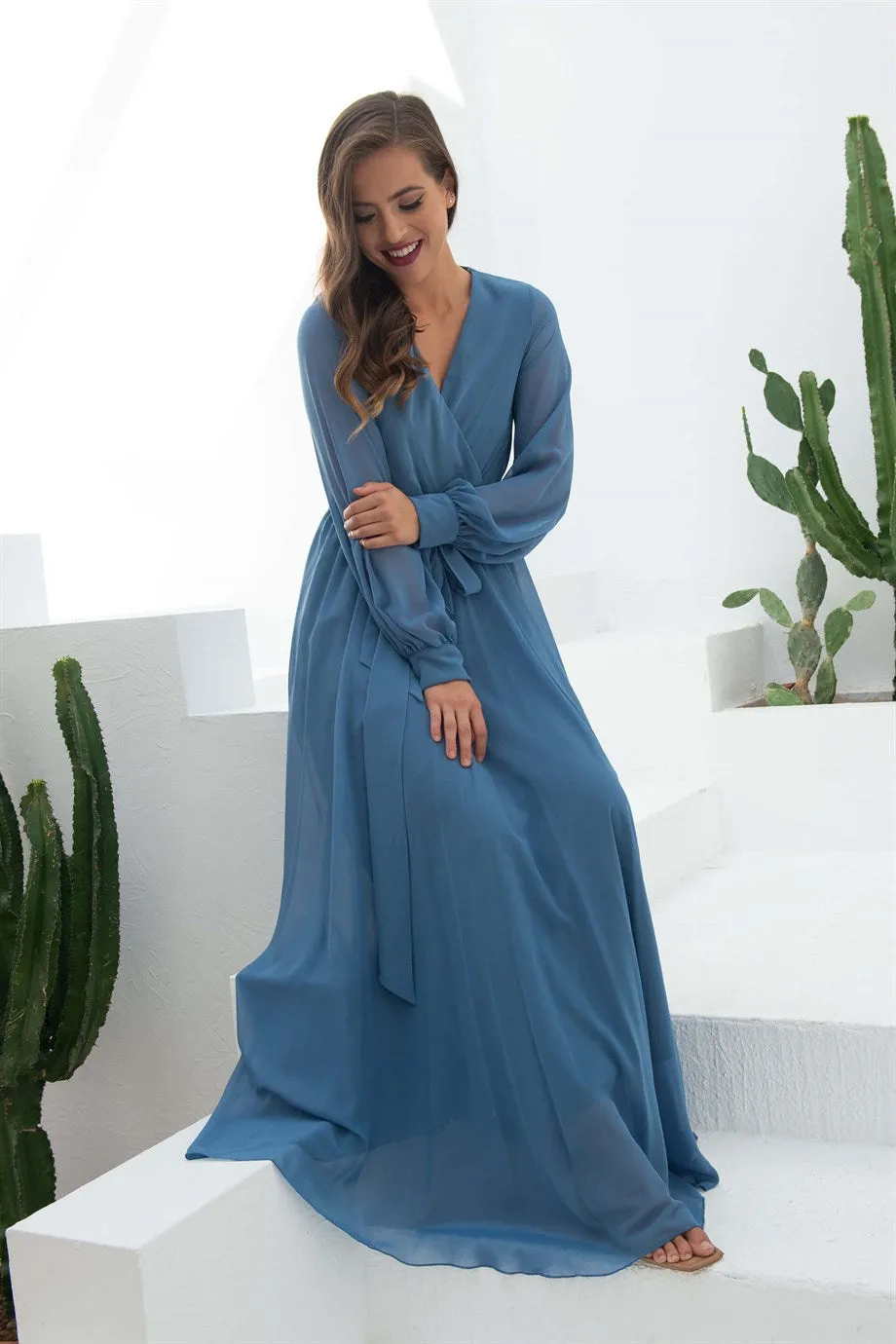 Angelino Indigo Chiffon Cruve Long Evening Dress