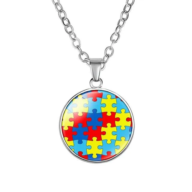 Autism Red Ribbon Puzzle Pendants Cabochon Glass Dome Necklace New Arrival Caring theme Handmade Long Chains Necklaces Jewelry