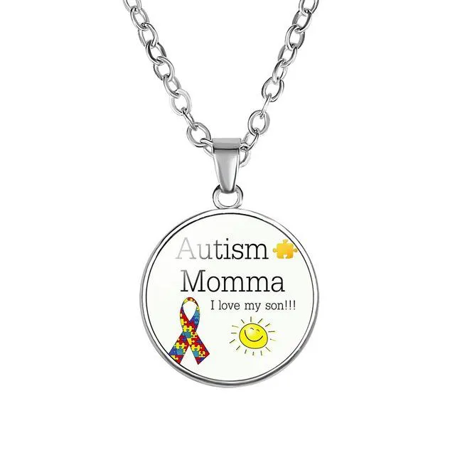 Autism Red Ribbon Puzzle Pendants Cabochon Glass Dome Necklace New Arrival Caring theme Handmade Long Chains Necklaces Jewelry