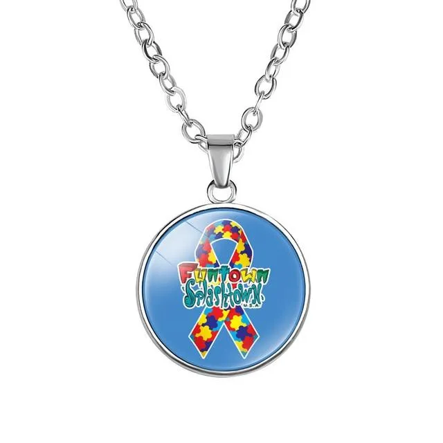 Autism Red Ribbon Puzzle Pendants Cabochon Glass Dome Necklace New Arrival Caring theme Handmade Long Chains Necklaces Jewelry