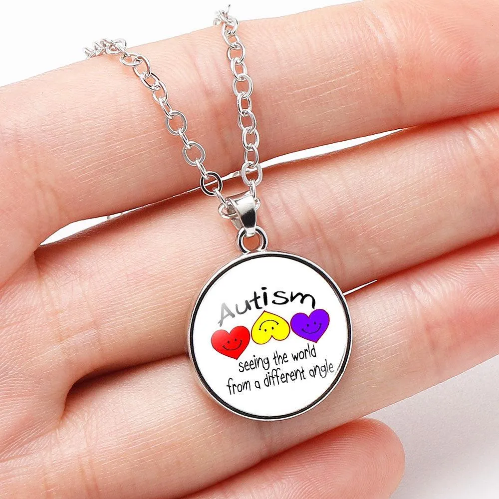 Autism Red Ribbon Puzzle Pendants Cabochon Glass Dome Necklace New Arrival Caring theme Handmade Long Chains Necklaces Jewelry