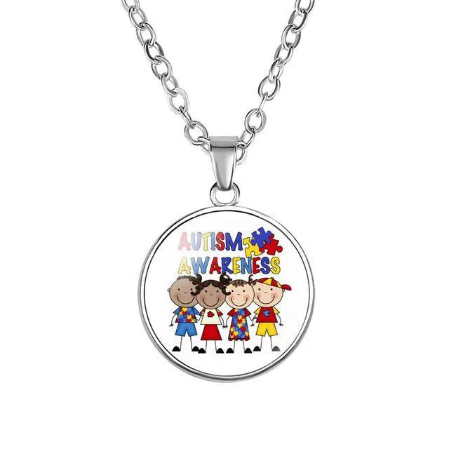 Autism Red Ribbon Puzzle Pendants Cabochon Glass Dome Necklace New Arrival Caring theme Handmade Long Chains Necklaces Jewelry