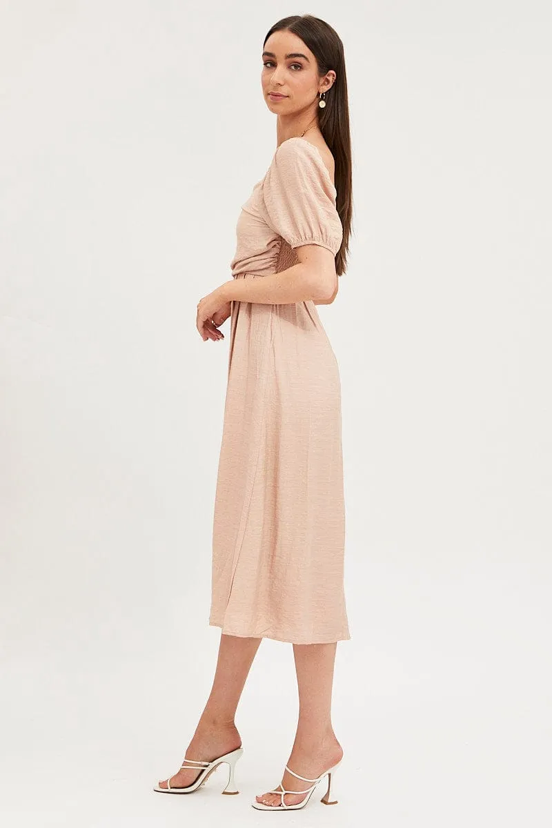 Beige Midi Dress Evening Square Neck