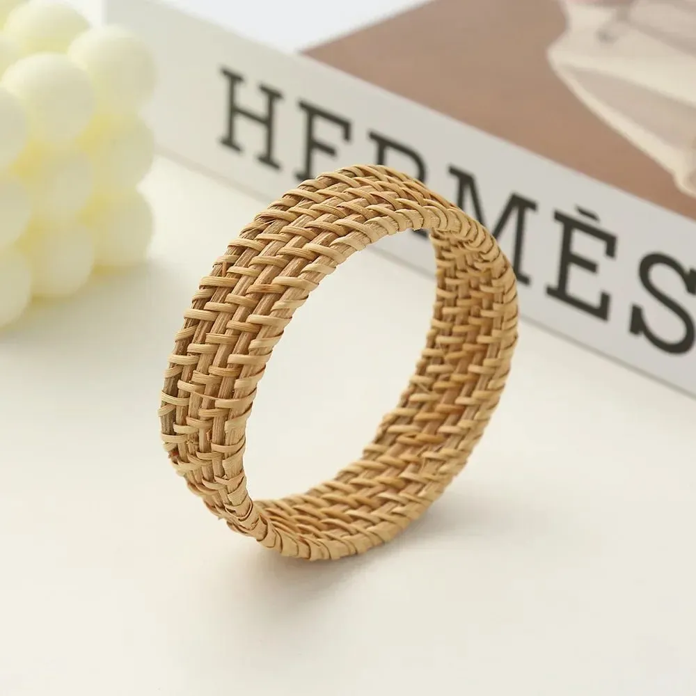 Boho Chic Handmade Bamboo & Rattan Weave Bangles - Bohemian Beach Style Bracelet for Women