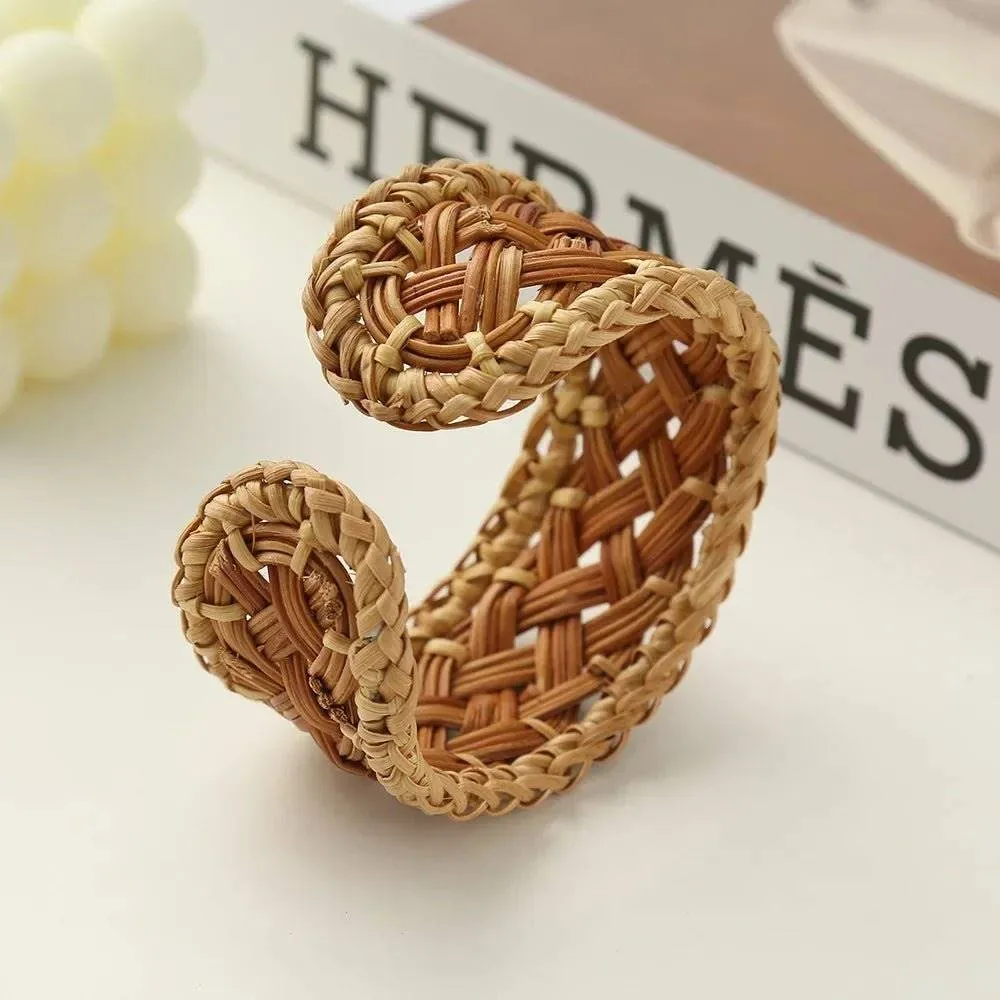 Boho Chic Handmade Bamboo & Rattan Weave Bangles - Bohemian Beach Style Bracelet for Women