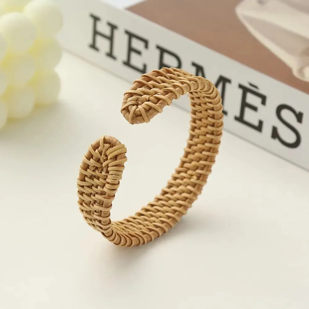 Boho Chic Handmade Bamboo & Rattan Weave Bangles - Bohemian Beach Style Bracelet for Women