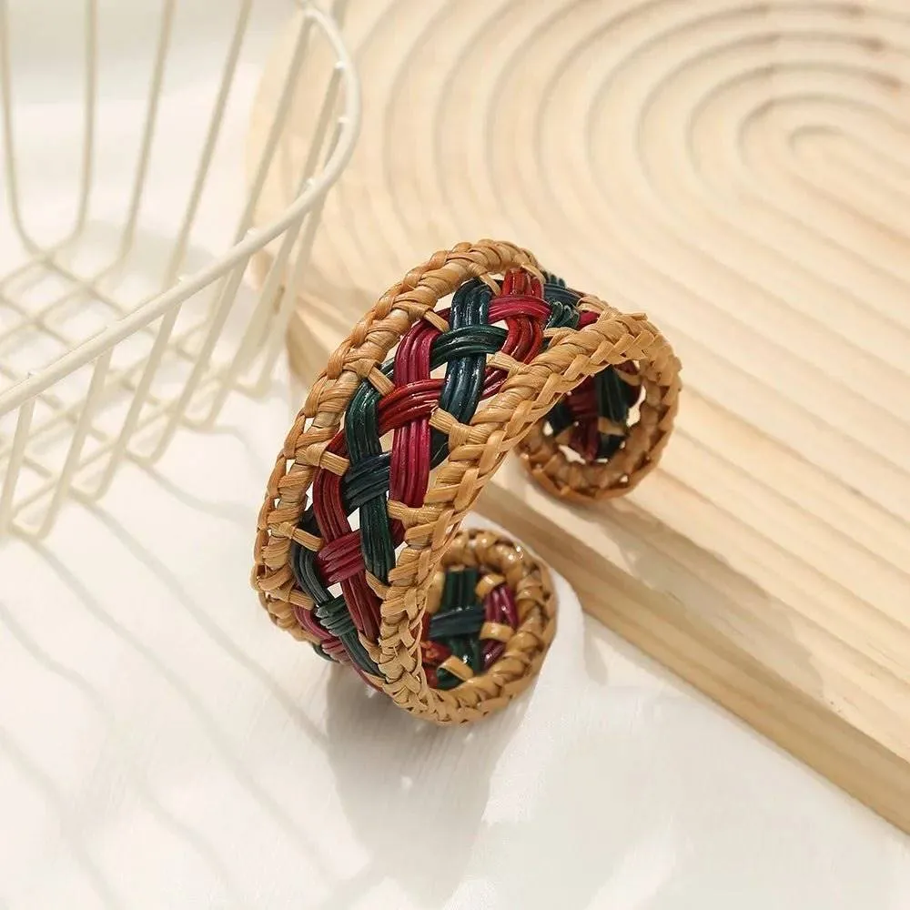 Boho Chic Handmade Bamboo & Rattan Weave Bangles - Bohemian Beach Style Bracelet for Women