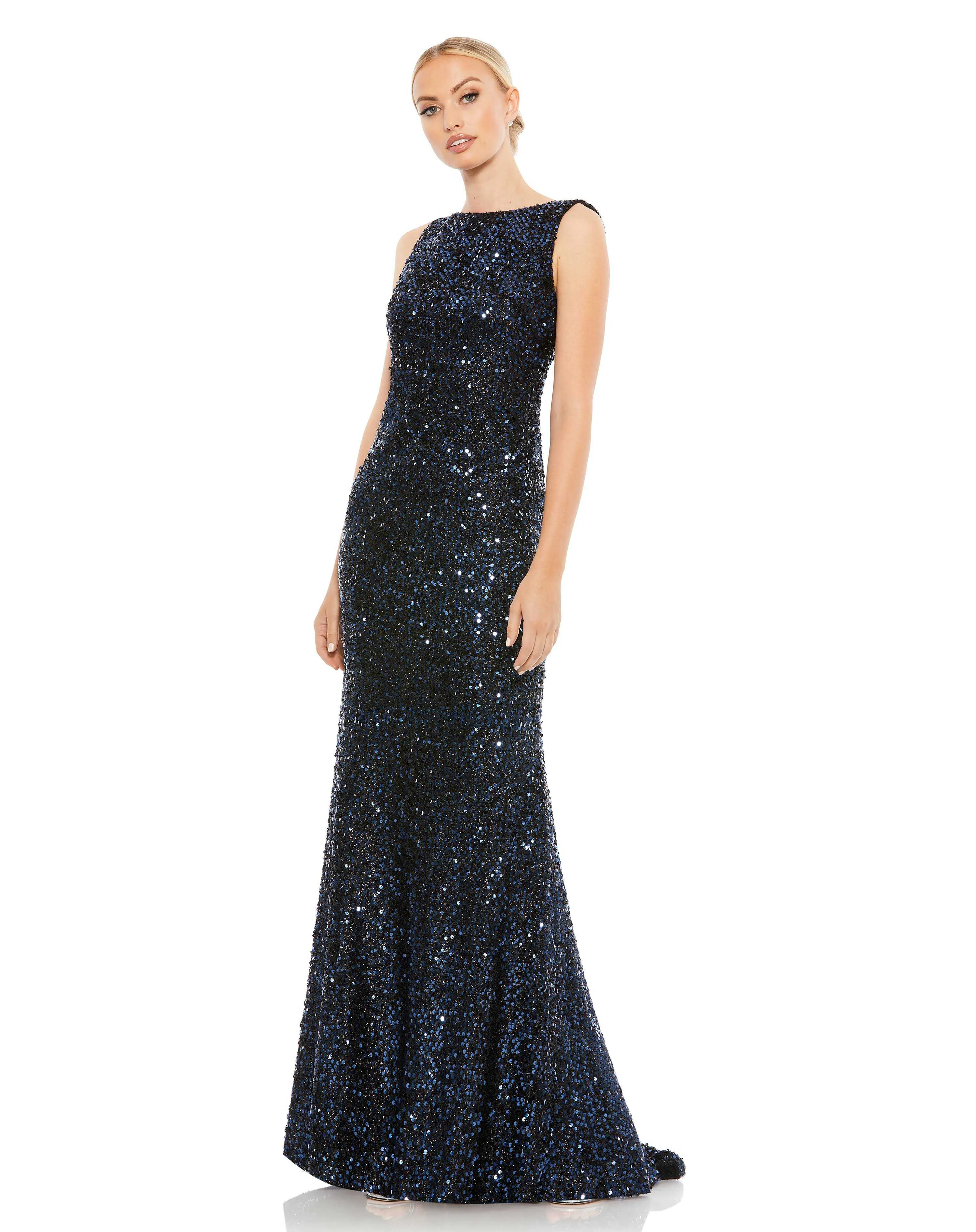 Cowl Back Boat Neck Sequined Evening Gown