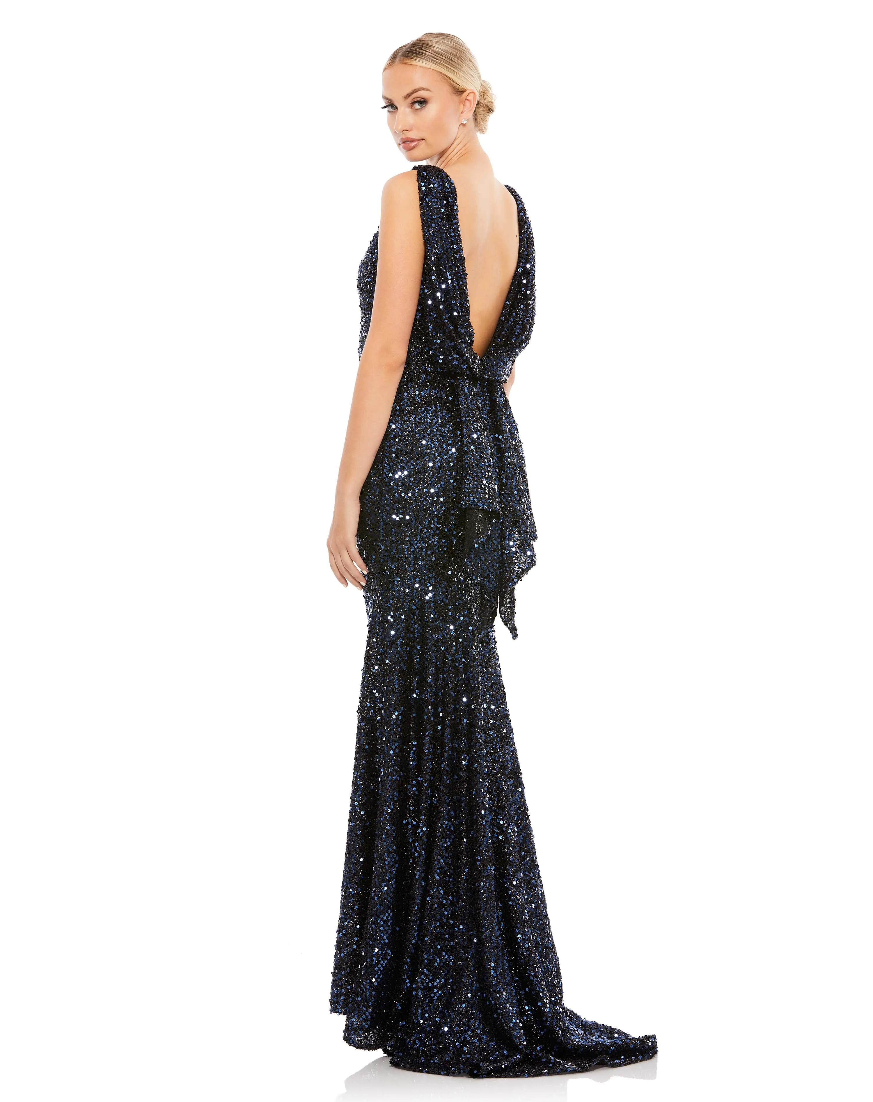 Cowl Back Boat Neck Sequined Evening Gown