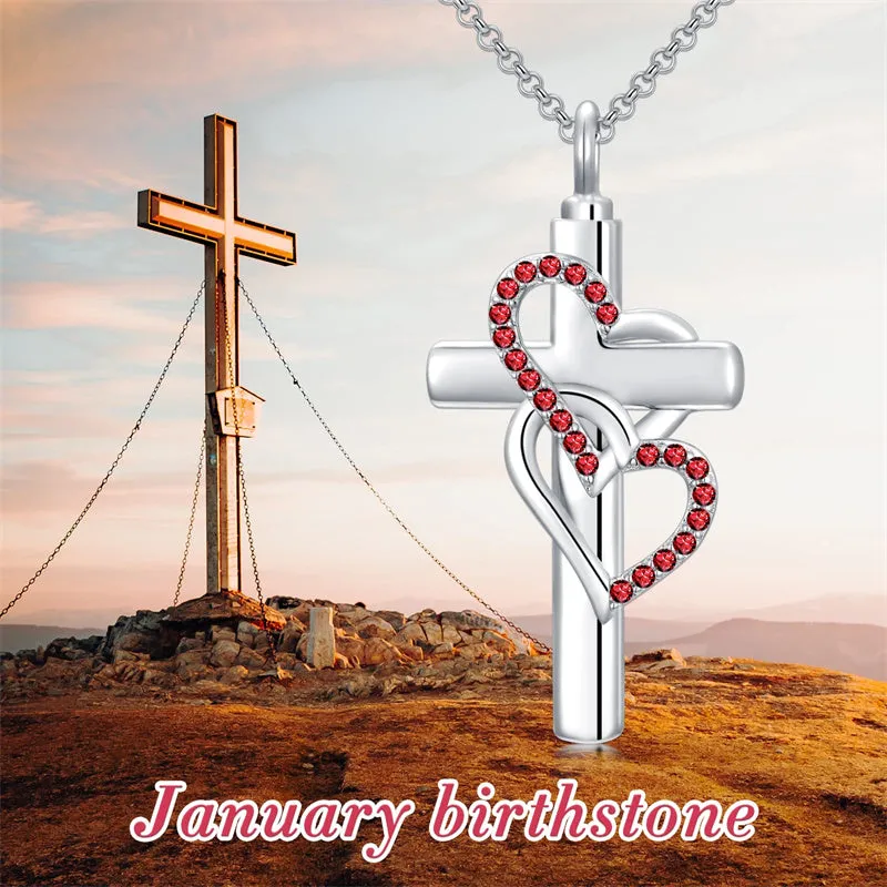 Cross Urn Necklace for Ashes 925 Sterling Silver Birthstone Cremation Necklaces Memorial Keepsake Jewelry for Women