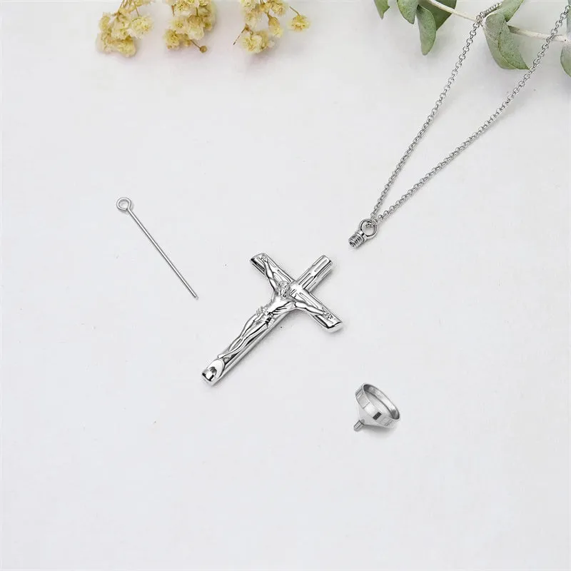 Cross Urn Necklaces For Ashes Sterling Silver Jesus Christ Crucifix Keepsake Cremation Jewelry for Men w/ Funnel Filler