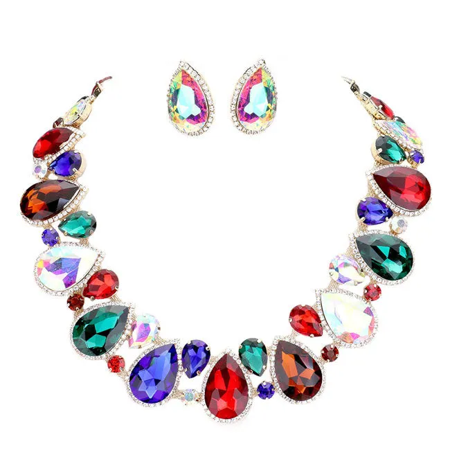 Crystal Rhinestone Trim Teardrop Collar Evening Necklace