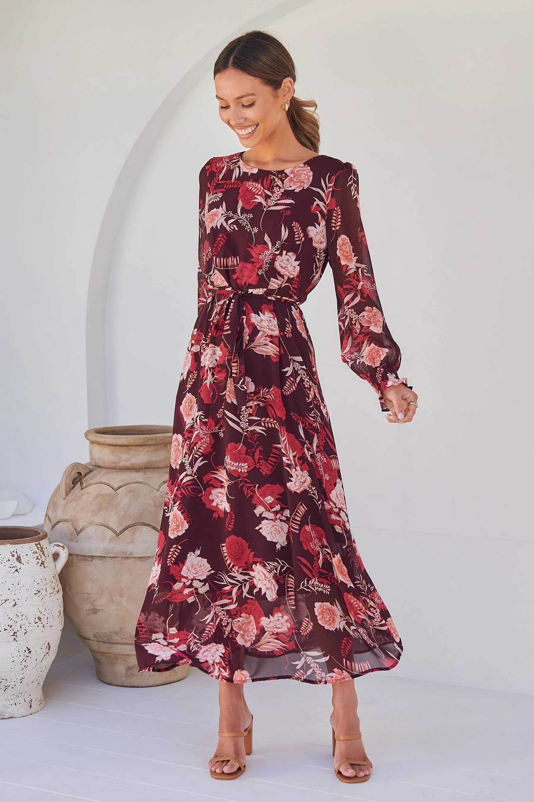 Evora Burgundy Floral Chiffon Evening Dress