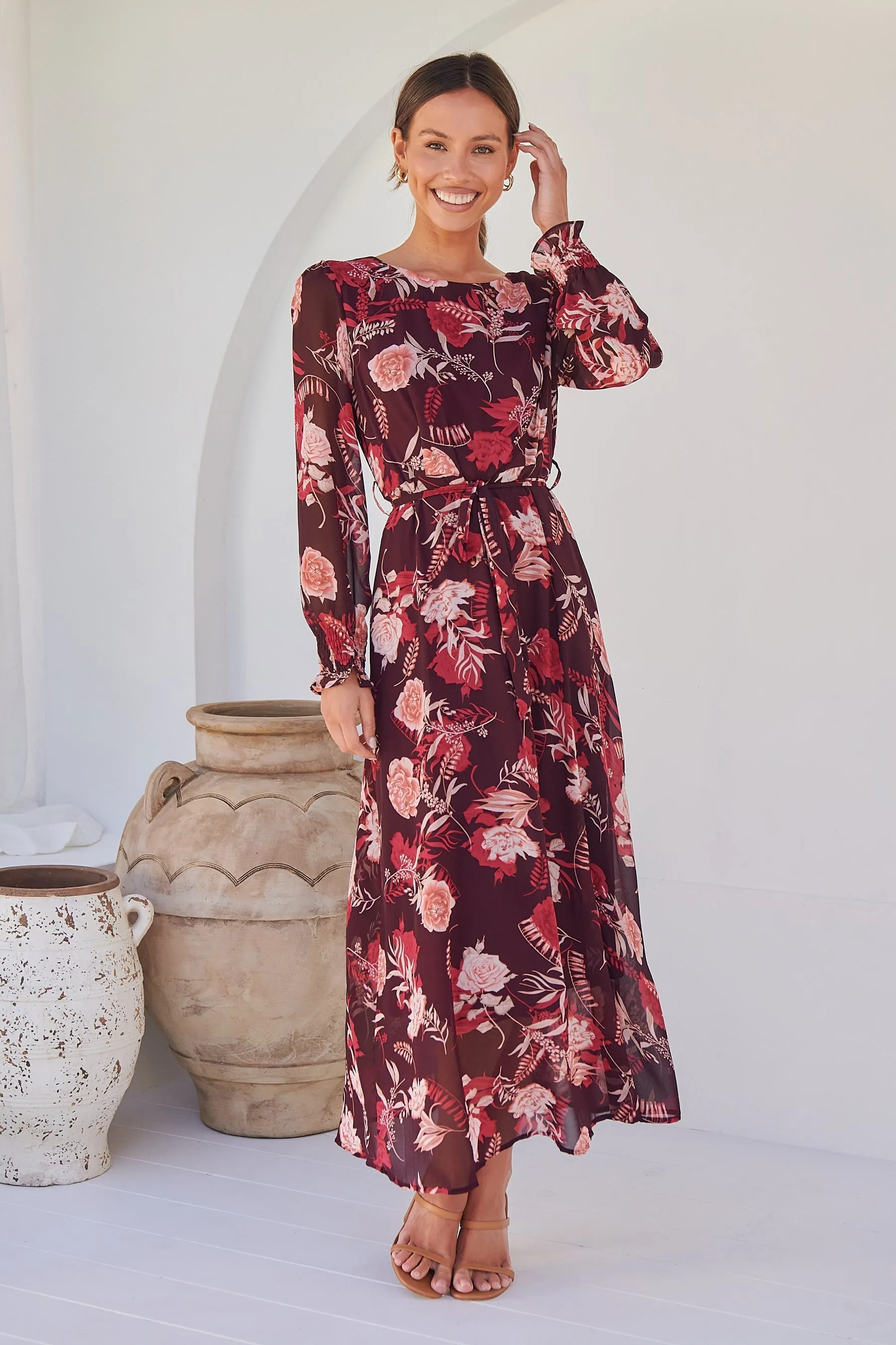 Evora Burgundy Floral Chiffon Evening Dress