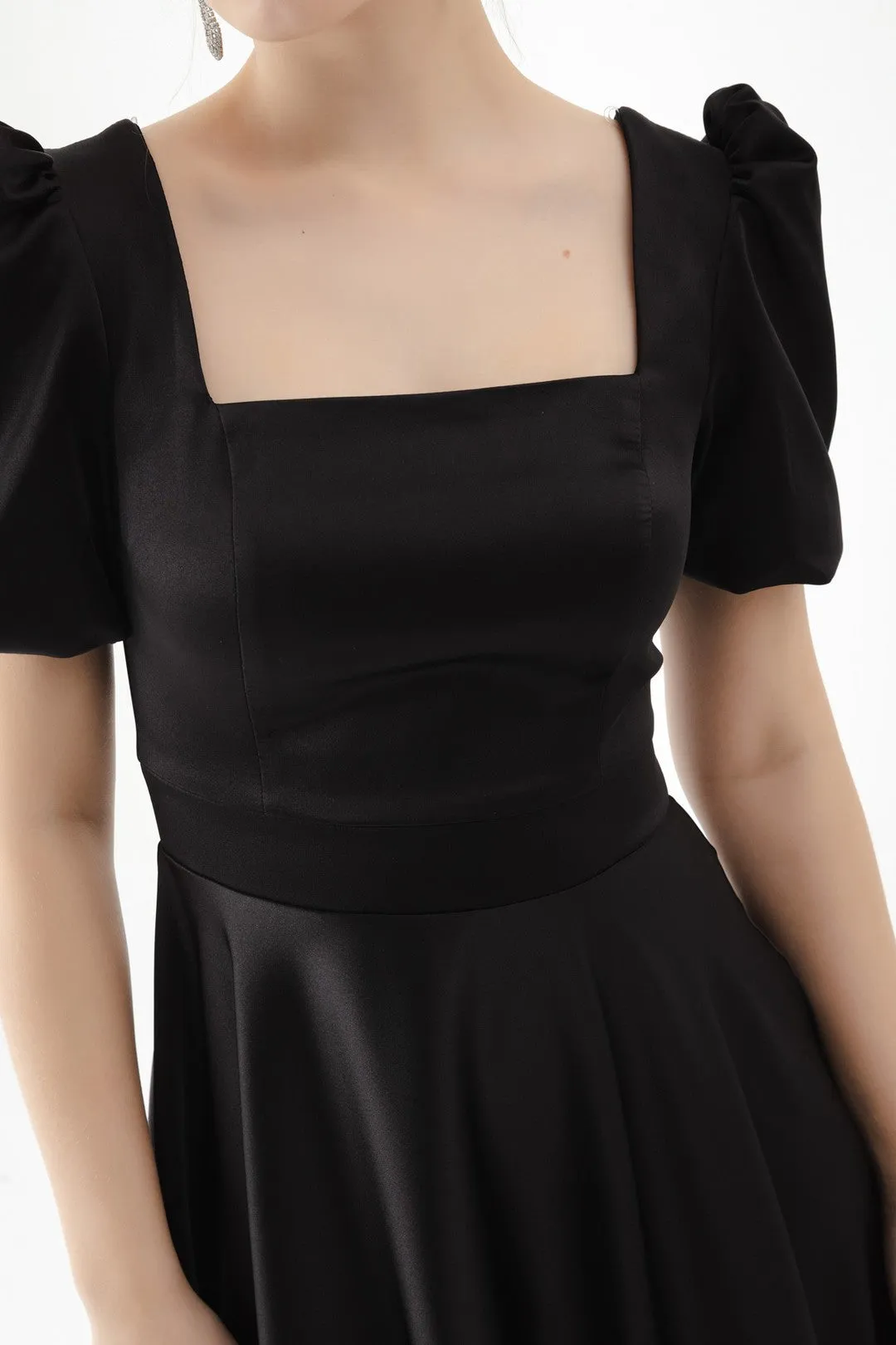 Female Square Collar Balloon Sleeve Midi Evening Dress