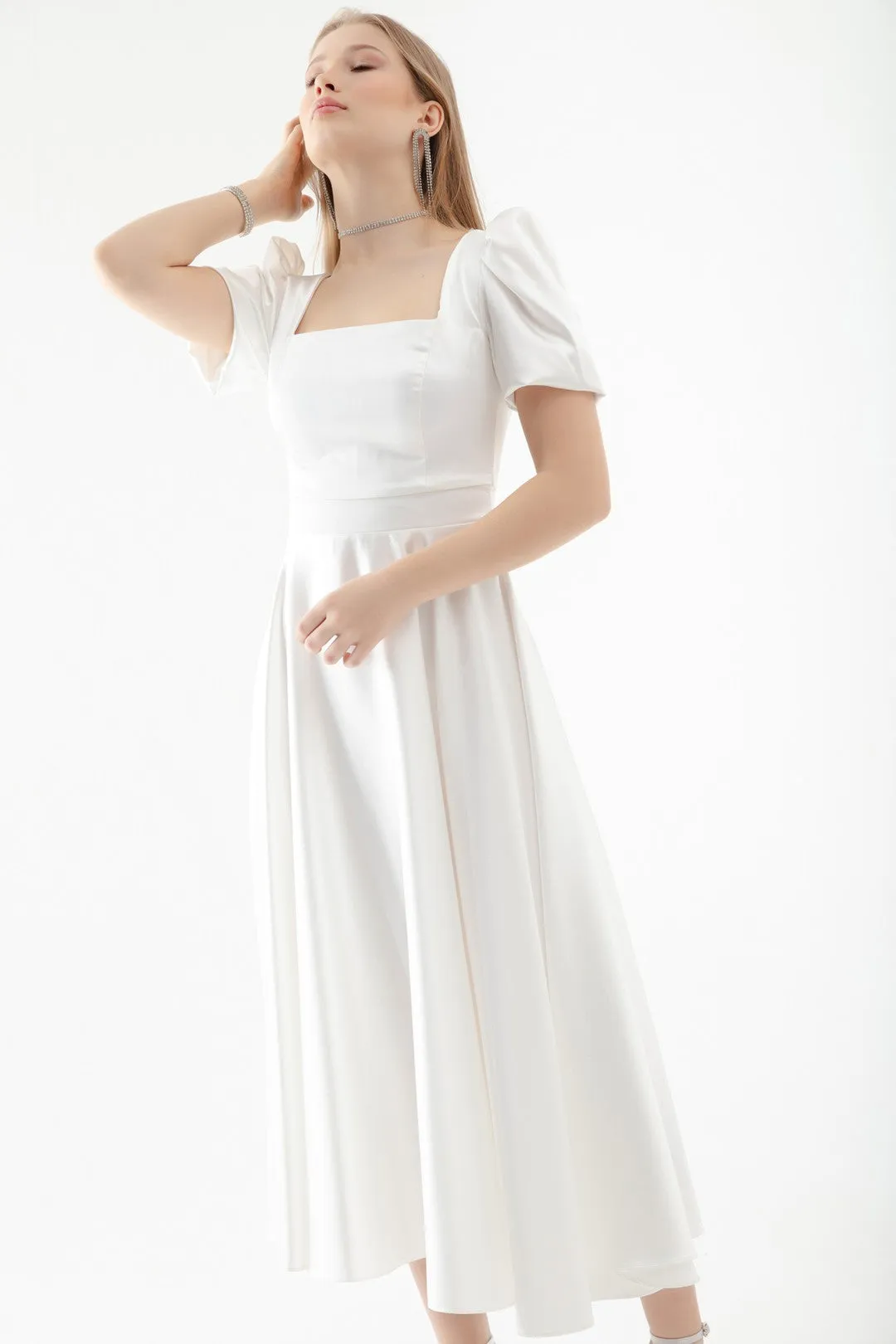 Female Square Collar Balloon Sleeve Midi Evening Dress