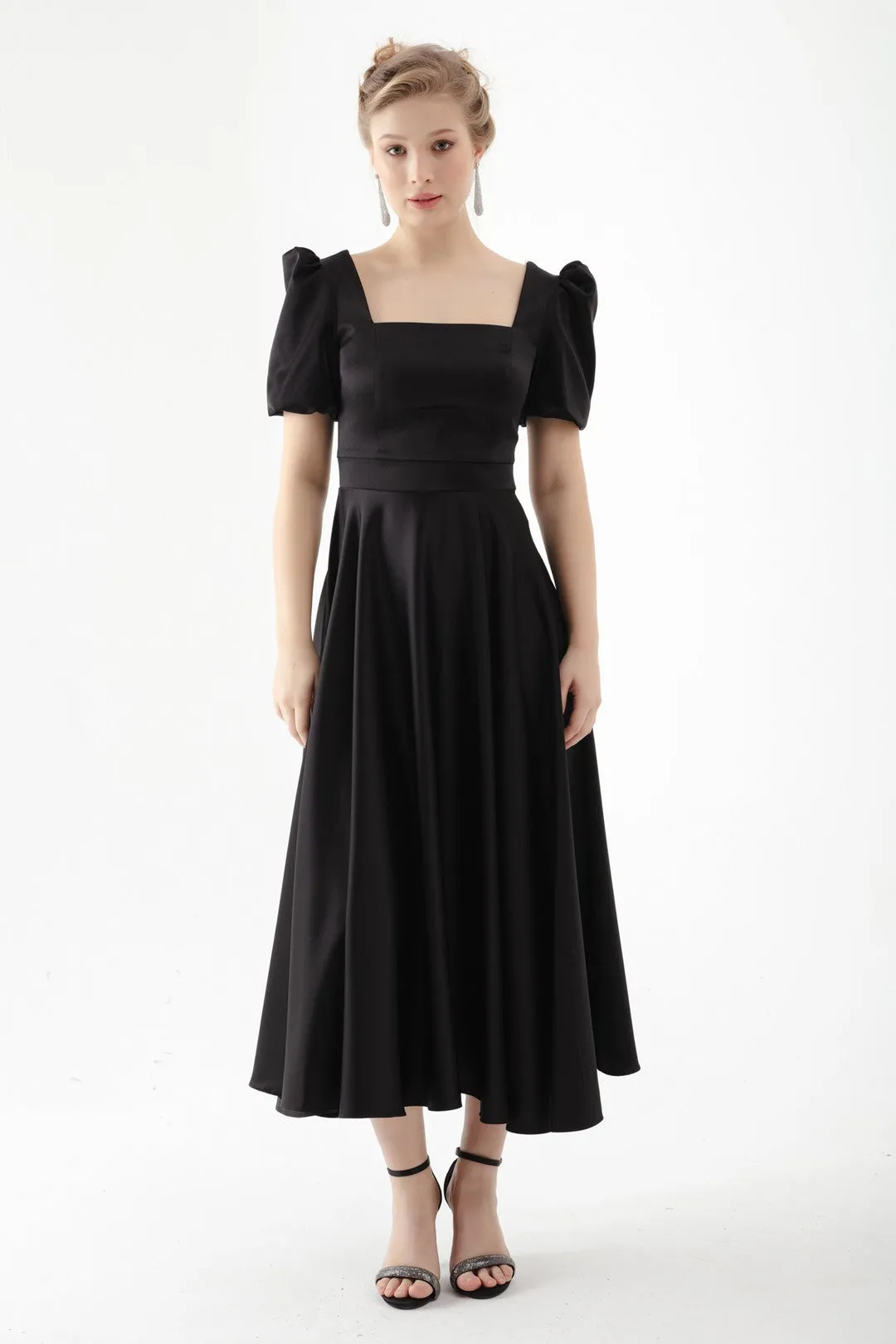 Female Square Collar Balloon Sleeve Midi Evening Dress