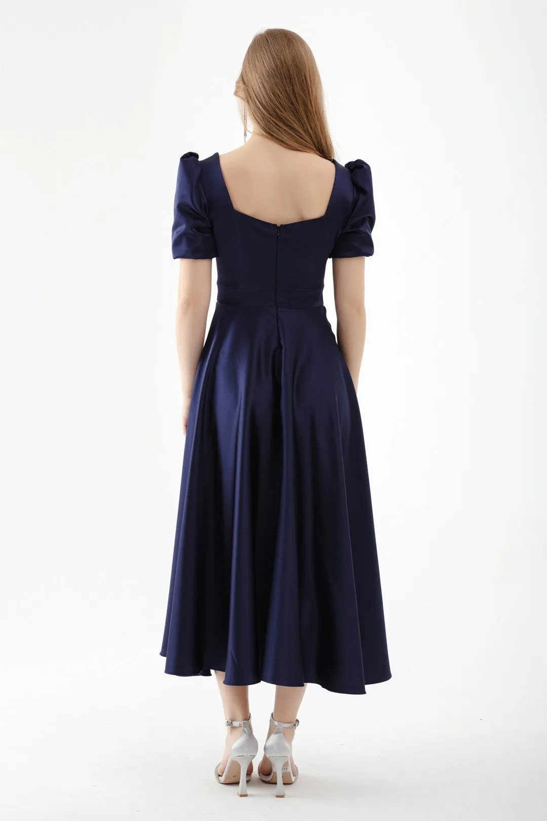 Female Square Collar Balloon Sleeve Midi Evening Dress