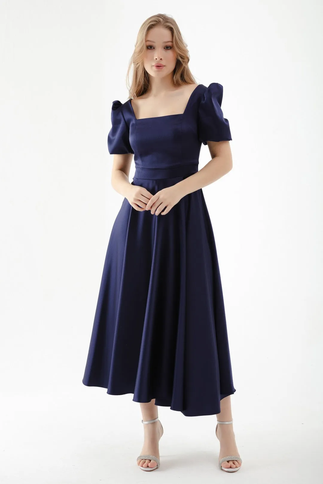 Female Square Collar Balloon Sleeve Midi Evening Dress