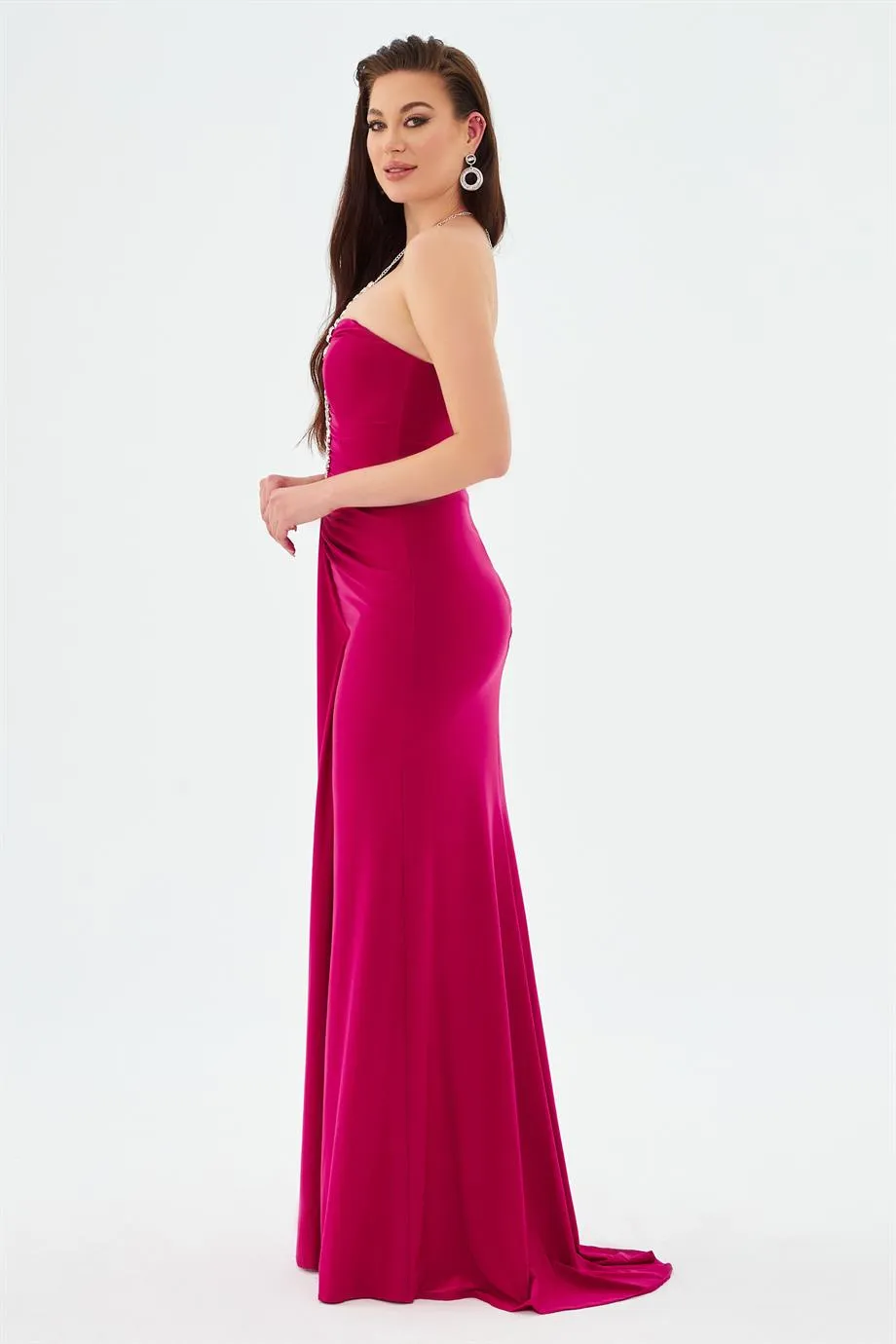 Fuchsia Sandy Neck Stone Long Evening Dress