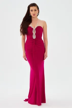 Fuchsia Sandy Neck Stone Long Evening Dress