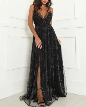 Glitter Spaghetti Strap Mesh Slit Evening Dress