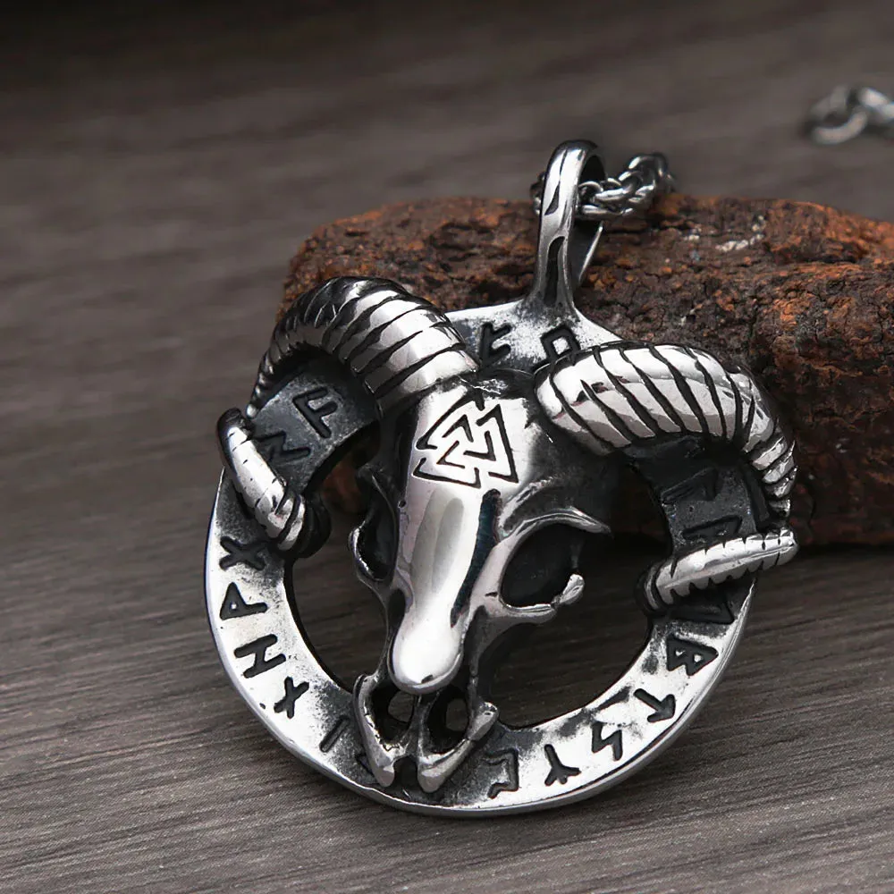 Gothic 316L Stainless Steel Goat Head Skull Pendant Necklace Men Retro Nordic Valknut Rune Necklaces Jewelry Gifts