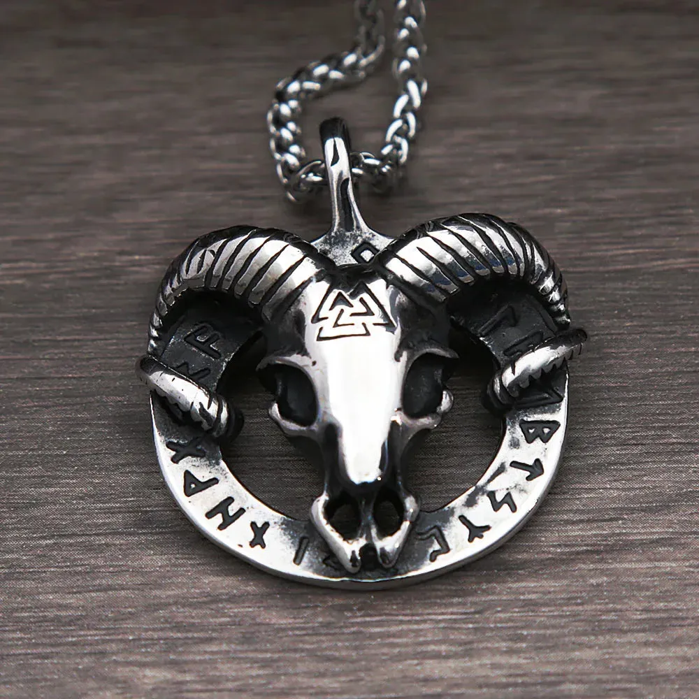 Gothic 316L Stainless Steel Goat Head Skull Pendant Necklace Men Retro Nordic Valknut Rune Necklaces Jewelry Gifts