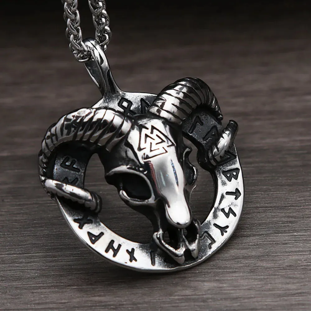 Gothic 316L Stainless Steel Goat Head Skull Pendant Necklace Men Retro Nordic Valknut Rune Necklaces Jewelry Gifts