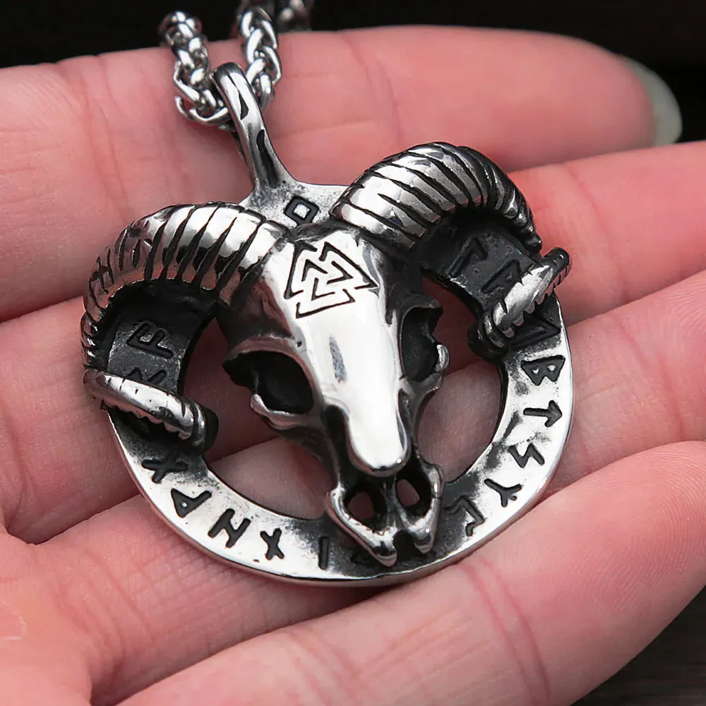 Gothic 316L Stainless Steel Goat Head Skull Pendant Necklace Men Retro Nordic Valknut Rune Necklaces Jewelry Gifts