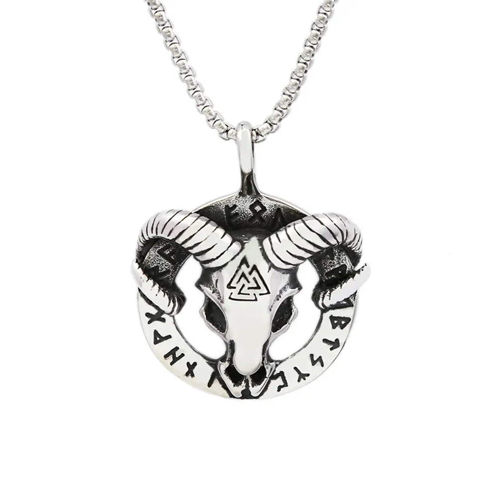 Gothic 316L Stainless Steel Goat Head Skull Pendant Necklace Men Retro Nordic Valknut Rune Necklaces Jewelry Gifts