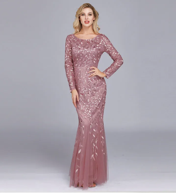 Long Sleeve Mesh Sequin Slim Woman Dresses Formal Elegant Party Bridesmaid Dresses