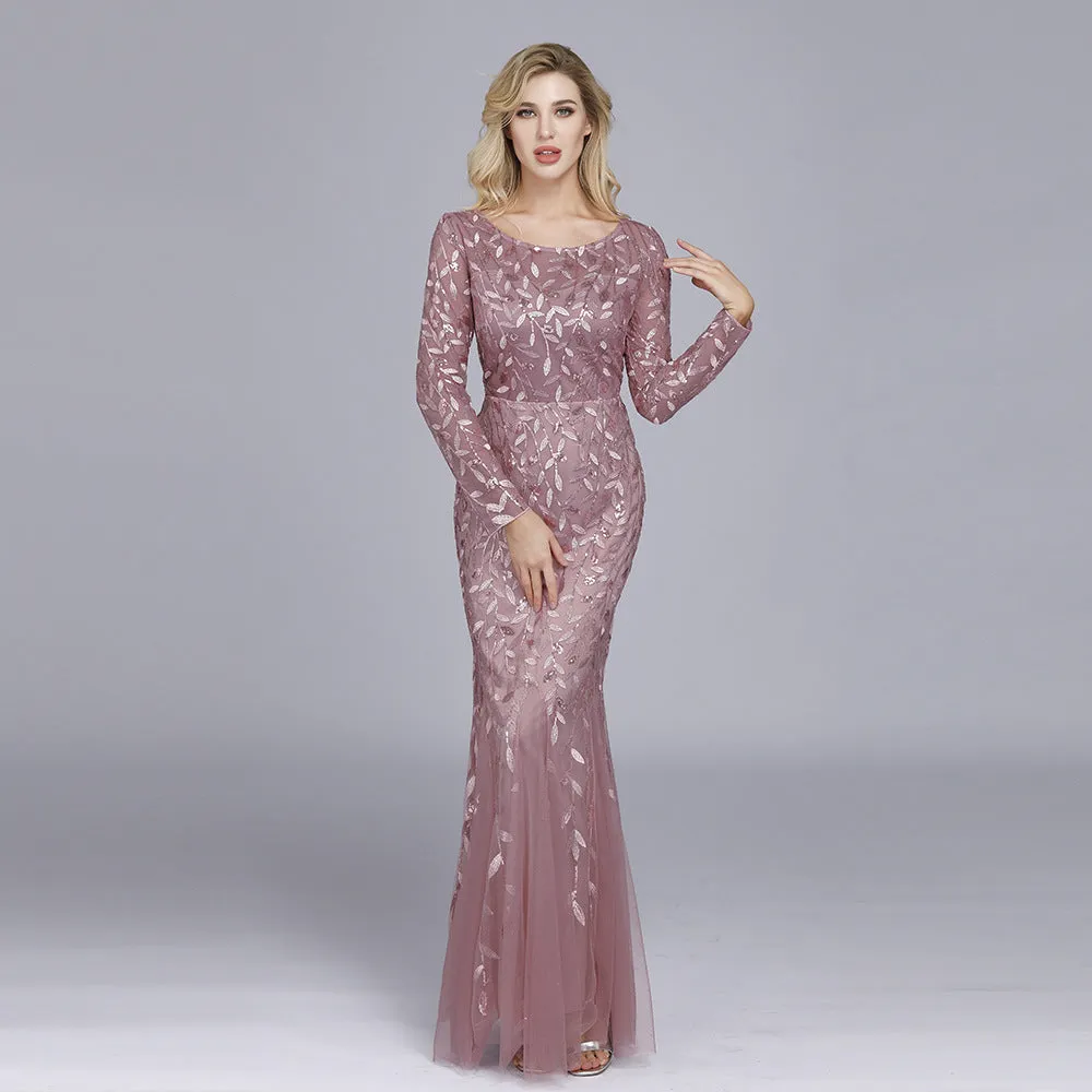 Long Sleeve Mesh Sequin Slim Woman Dresses Formal Elegant Party Bridesmaid Dresses