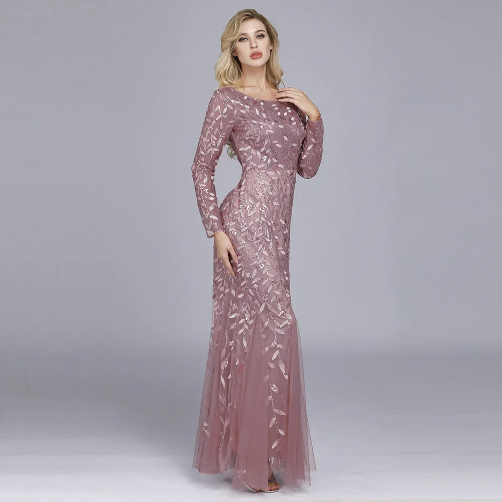 Long Sleeve Mesh Sequin Slim Woman Dresses Formal Elegant Party Bridesmaid Dresses