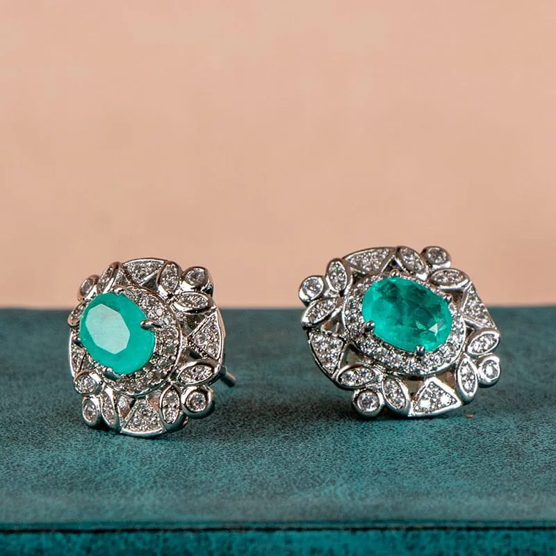 Luxurious  Green Tourmaline Stud Earrings - 925 Sterling Silver