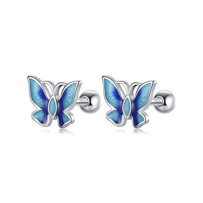 Luxurious Real 925 Sterling Silver Blue Butterfly Stud Earrings