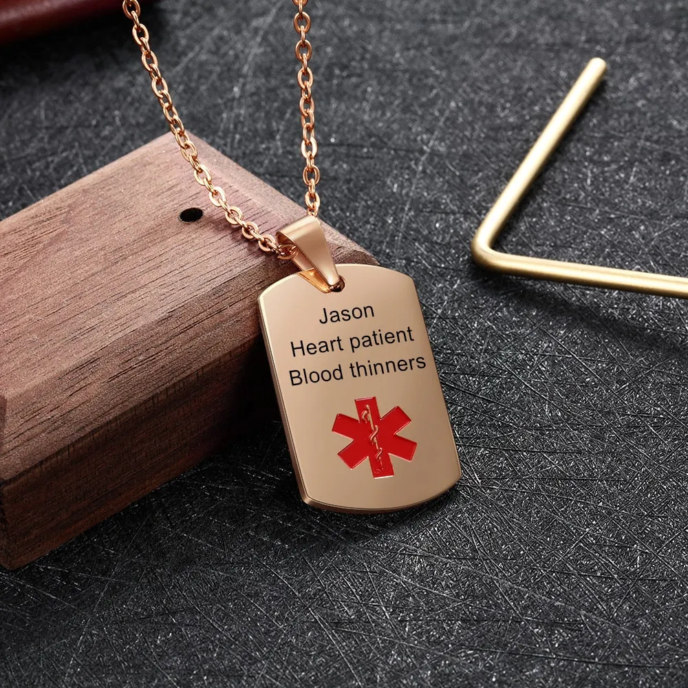 Personalized Medical Alert ID Necklaces for Men & Women 4 Color Stainless Steel Engraving Emergency Pendant Customized Jewelry