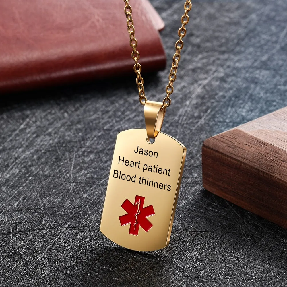 Personalized Medical Alert ID Necklaces for Men & Women 4 Color Stainless Steel Engraving Emergency Pendant Customized Jewelry